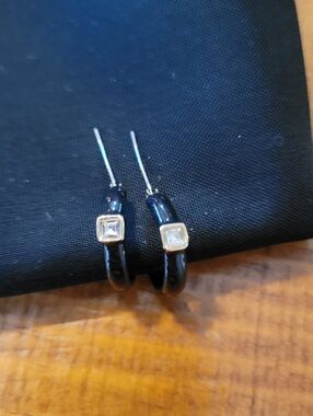 Vintage 1980s 1990s Black Thick Hoop Earrings With Gold Tone Square Rhinestone